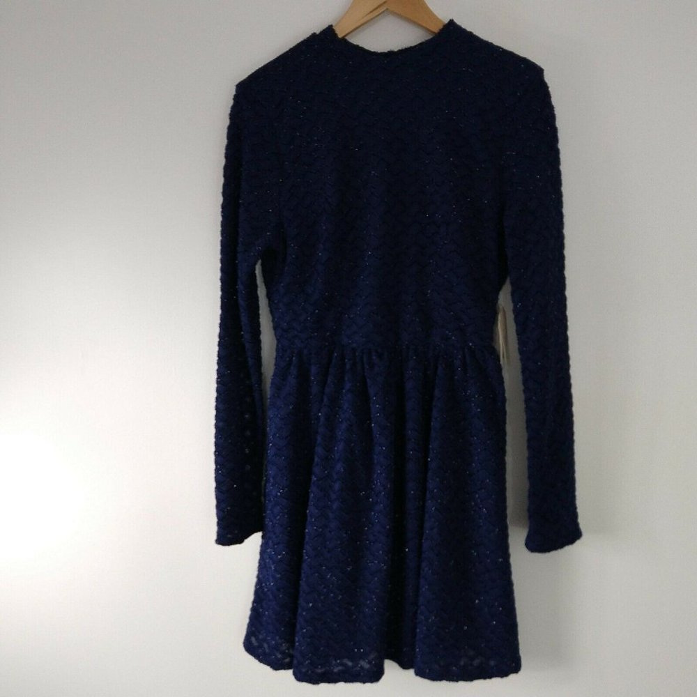 Altar'd State Navy Open Back Shiny Long-sleeve Dress Large